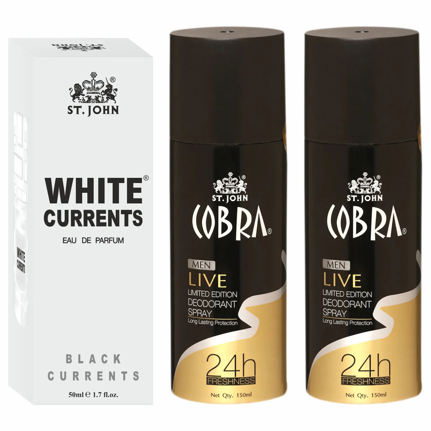 ST-JOHN Cobra Deodrant Live 150 ml Pack of 2& Cobra Black Current 50ml Perfume Combo Gift Pack Perfume Body Spray - For Men & Women (350 ml, Pack of 3)