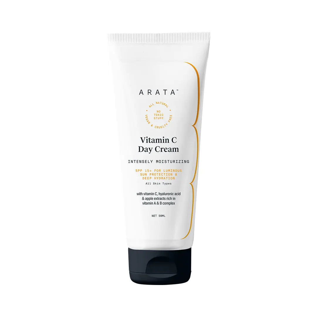 Arata Vitamin C Day Cream With SPF 15+ (50 ML) | Infused With Hyaluronic Acid & Apple Extracts | Luminous Sun Protection & Deep Hydration | All-Natural, Non-Toxic, Chemical-Free | All Skin Types