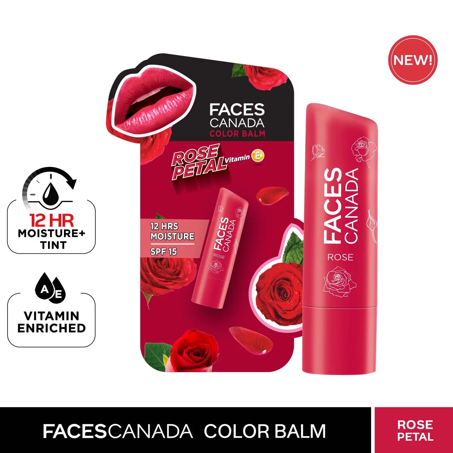 Faces Canada Color Balm | 12Hr Moisture For Dry, Chapped Lips | Vitamin E | Spf 15| Rose Petal Rose 03 (4.5 G)