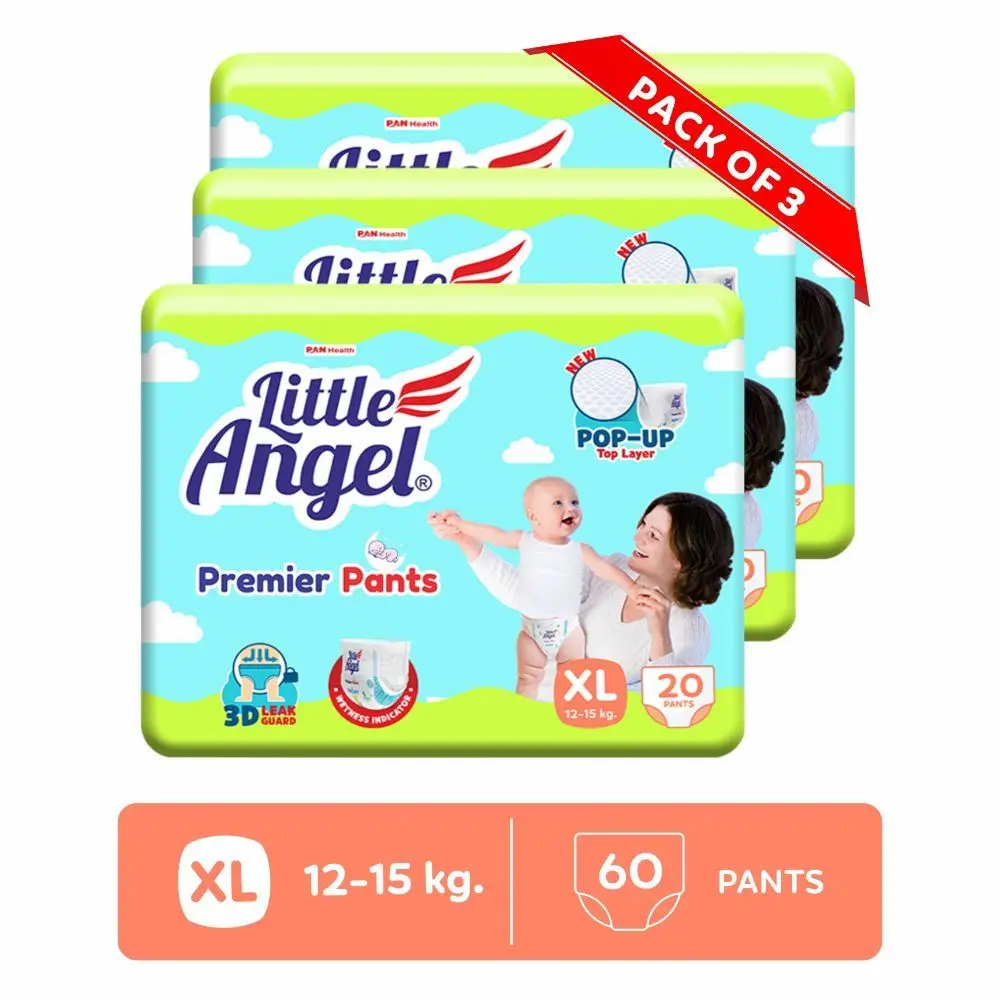 Little Angel Premier Pants Baby Diapers, Extra Large (XL) Size, 60 Count, Combo Pack of 3, 20 Count/pack with Wetness Indicator, 12-15 Kg