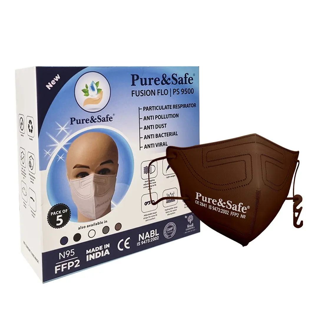 Khadi Essentials Pure&Safe N95 FFP2 Cotton Reusable Face Mask for Men & Women | Stylish with Nose Clip, Comfortable N 95 Highly Breathable | CE, EN, IS Certified & Third Party Tested Pack of 5(Brown)