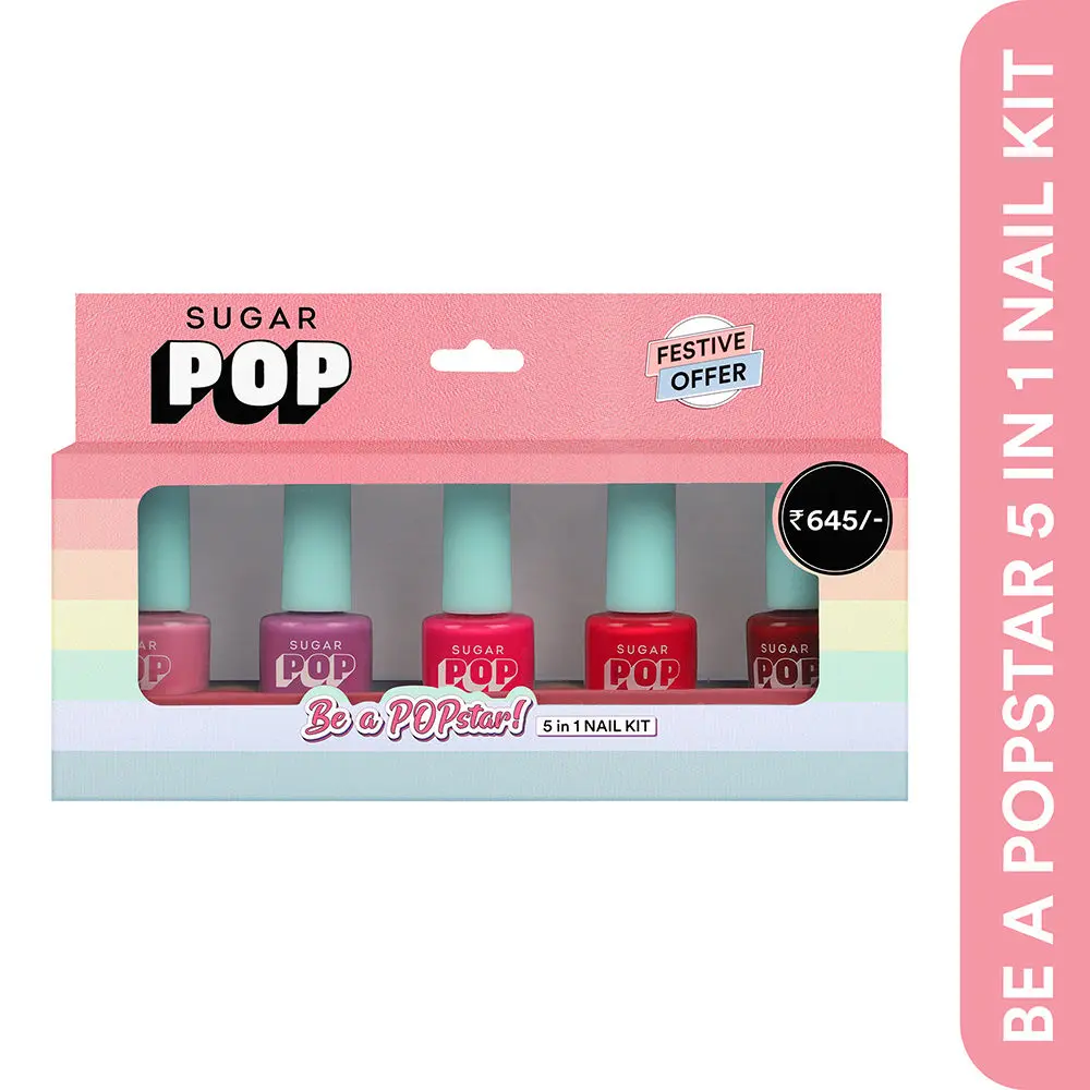 SUGAR POP ''Be a POPstar'' 5 in 1 Nail Kit l 02 Bubblegum Dreams, 09 Lilac Rush, 26 Pink Perfection, 13 Red Alert & 15 Bold Please l 10 ml x 5 units l Dries in 45 seconds, Chip-resistant, Long-lasting l Nail Polish Gift Set for Women