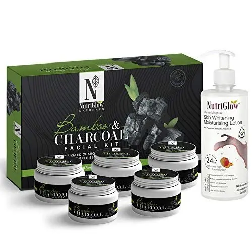 NutriGlow NATURAL'S Bamboo Charcoal Facial Kit (260gm) With Skin Whitening Moisturizing Lotion (500ml) For Intensive Nourishment