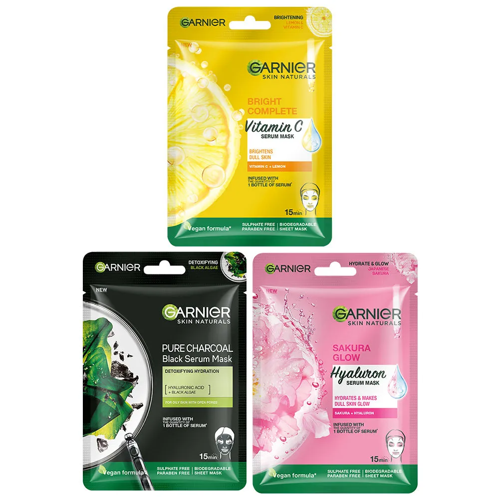 Garnier Skin Naturals Pack of 3 Face Serum Sheet Mask - Bright Complete + Charcoal + Sakura