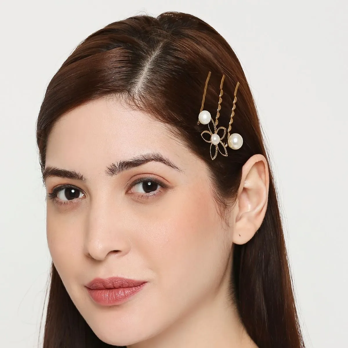 Fabula Set Of 3 Gold Tone Pearl Floral Fashion Hair Clip Hair Pin