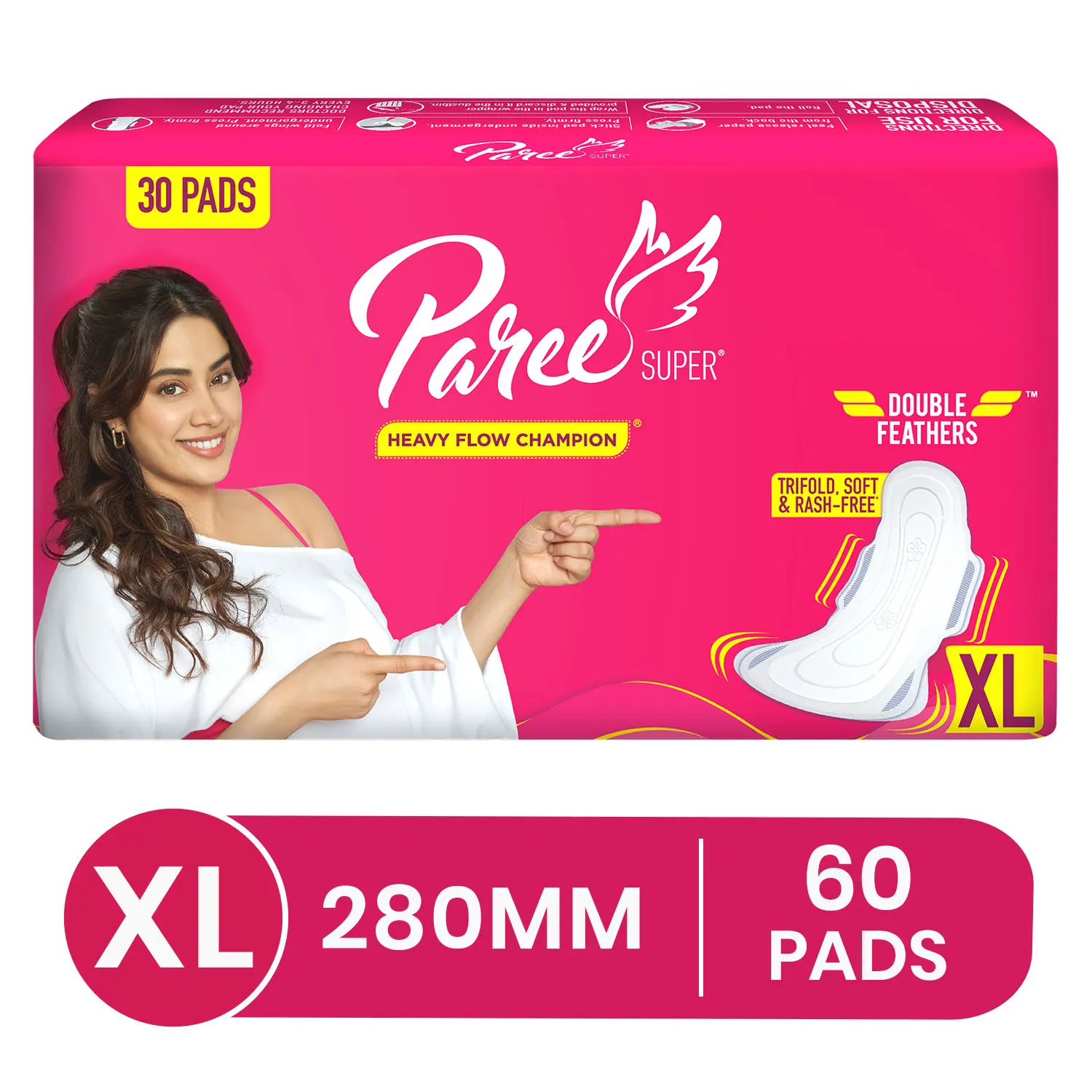 Paree Super Sanitary Pads with Double feather for Heavy Flow, XL | All Day Leakage Protection and Convenient Disposable Pouch- 60 Pads