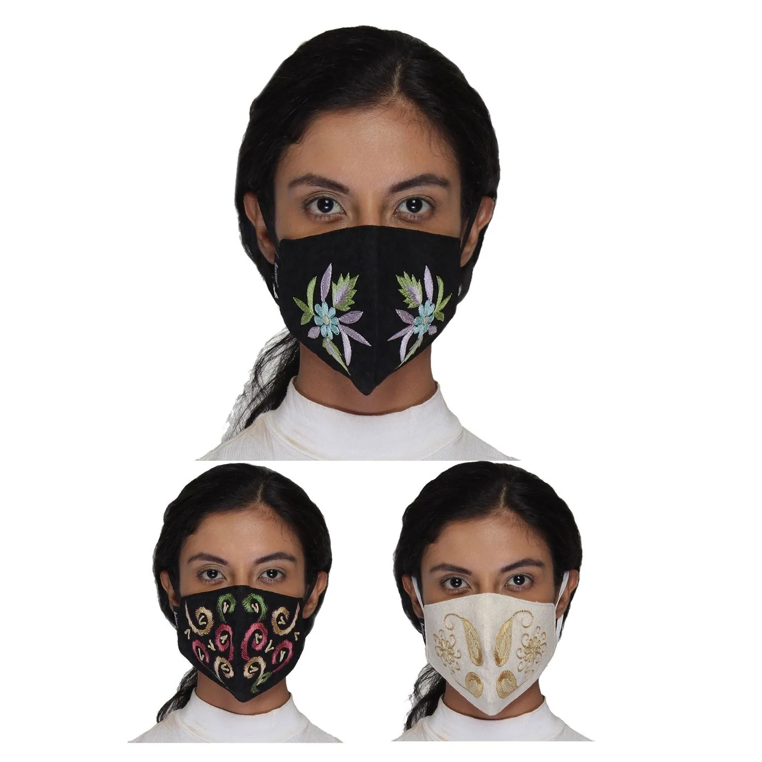 Anekaant Multicolor Reusable 3-Ply Cotton Embroidered Fabric Fashion Mask (Pack Of 3)