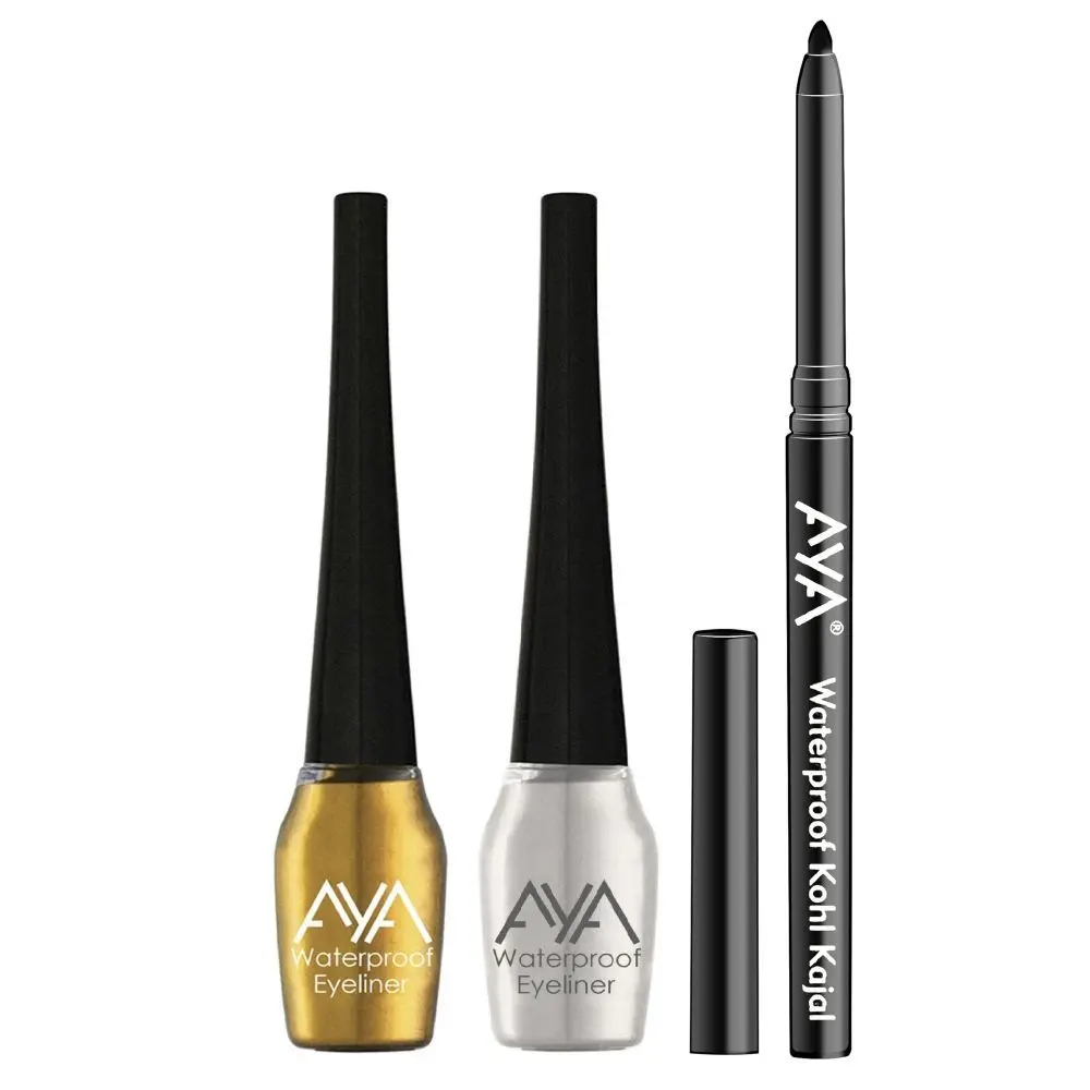 AYA Waterproof Liquid Eyeliner, Set of 2 (Silver and Golden), 5 ml each + Jet black Waterproof Kohl Kajal