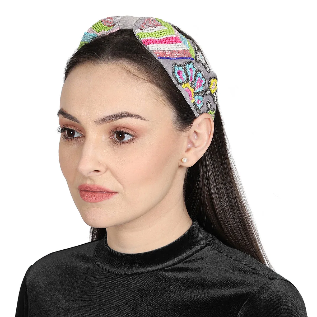 Anekaant Grey/multi Velvet Floral Beaded Hairband