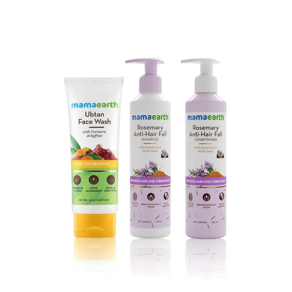 Mamaearth Morning Routine Essentials Kit (Ubtan Facewash + Rosemay Anti- Hair fall Shampoo + Rosemay Anti- Hair fall Conditioner) (100 ml + 250 ml + 250 ml)