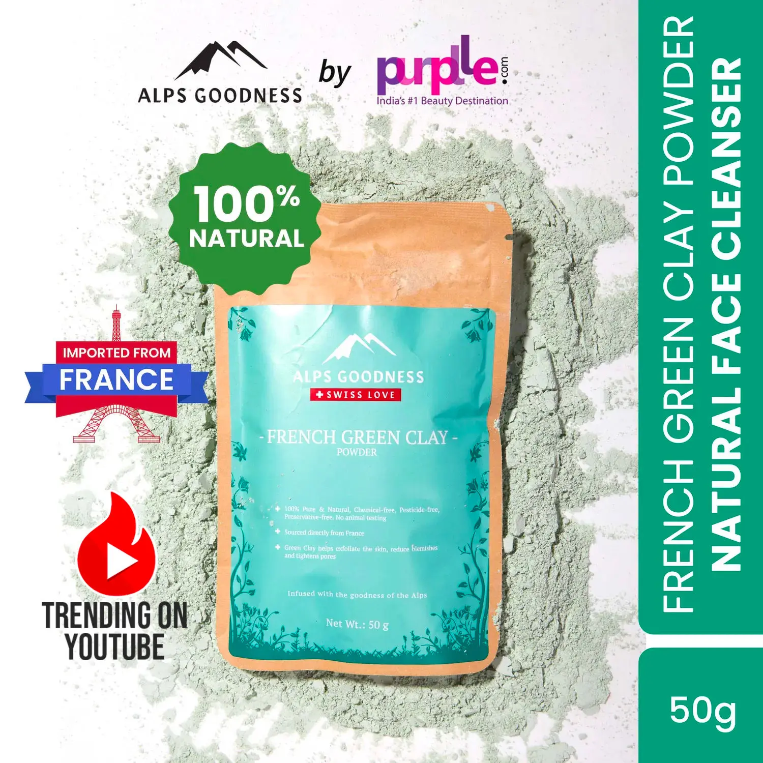 Alps Goodness French Green Clay Powder (50 gm)| 100% Natural Powder | Clay Mask for pores tightening | Clay Mask for face | Detoxifying Clay Mask