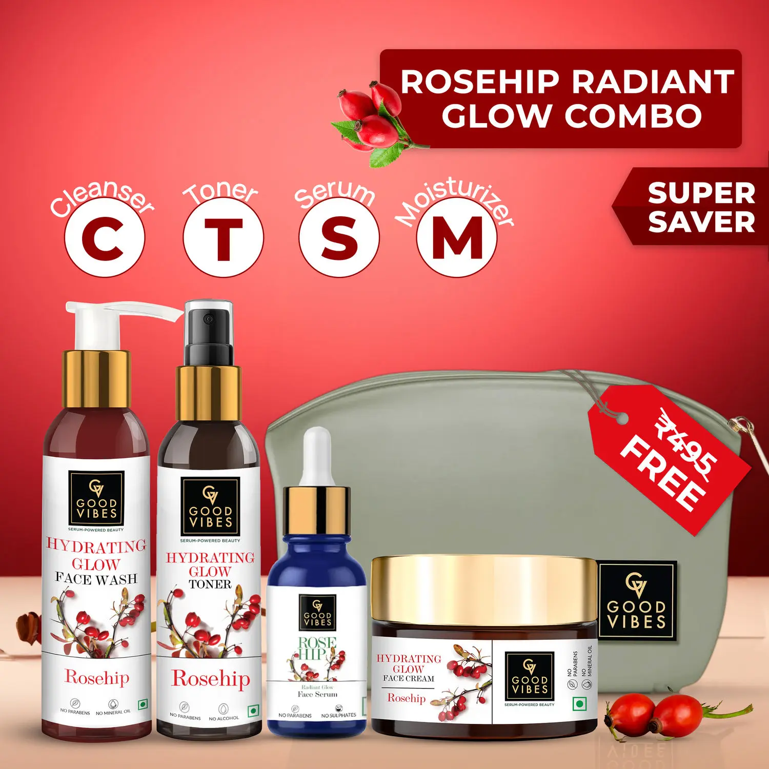 Good Vibes Rosehip Range Combo Kit (Face Wash + Toner+ Face Serum + Face Cream) (Free Pouch)