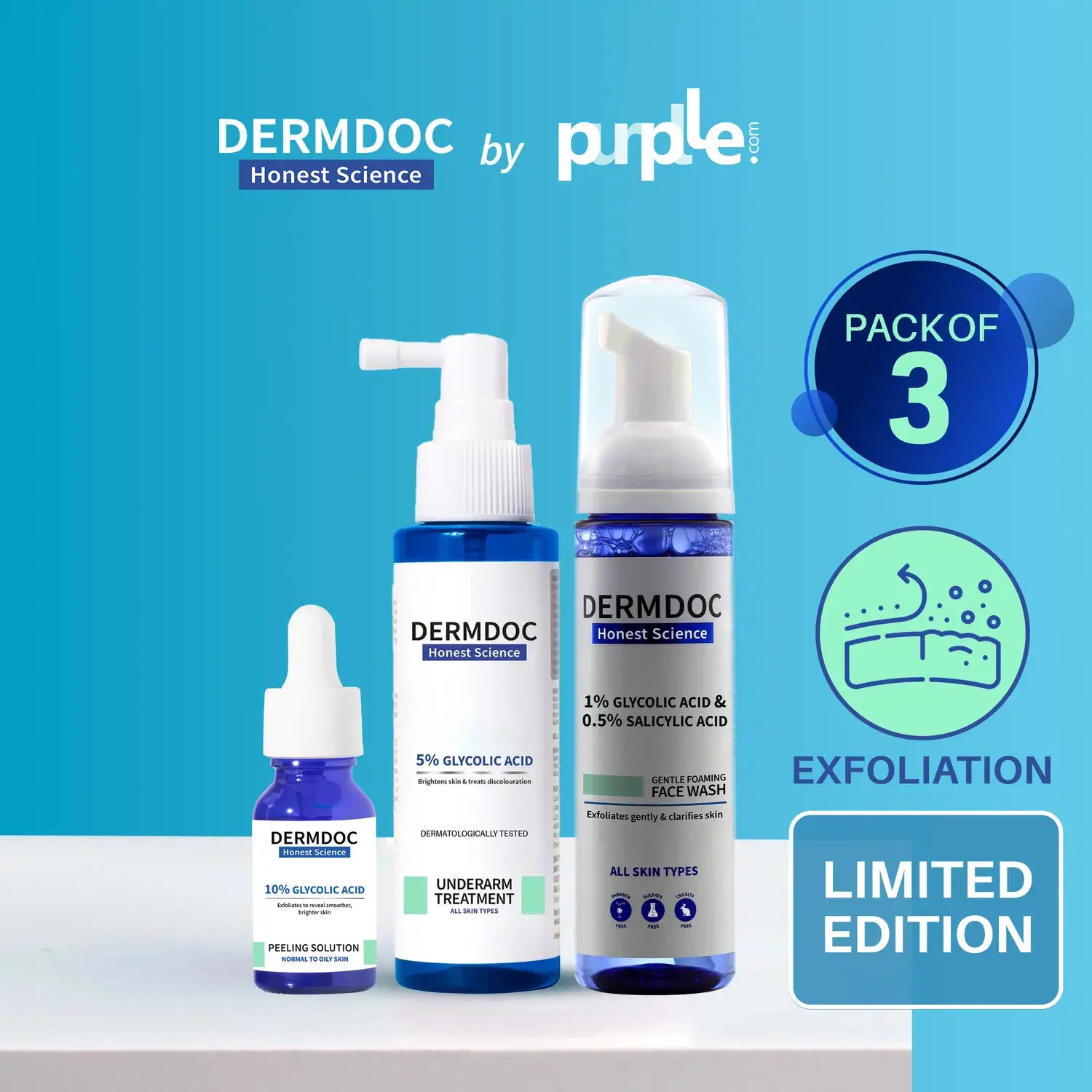 DERMDOC Combo Kit for Glycolic Glow Trio | glycolic acid underarm treatment | glycolic acid AHA BHA foaming face wash | peeling solution | serum for brightening | underarm brightening spray