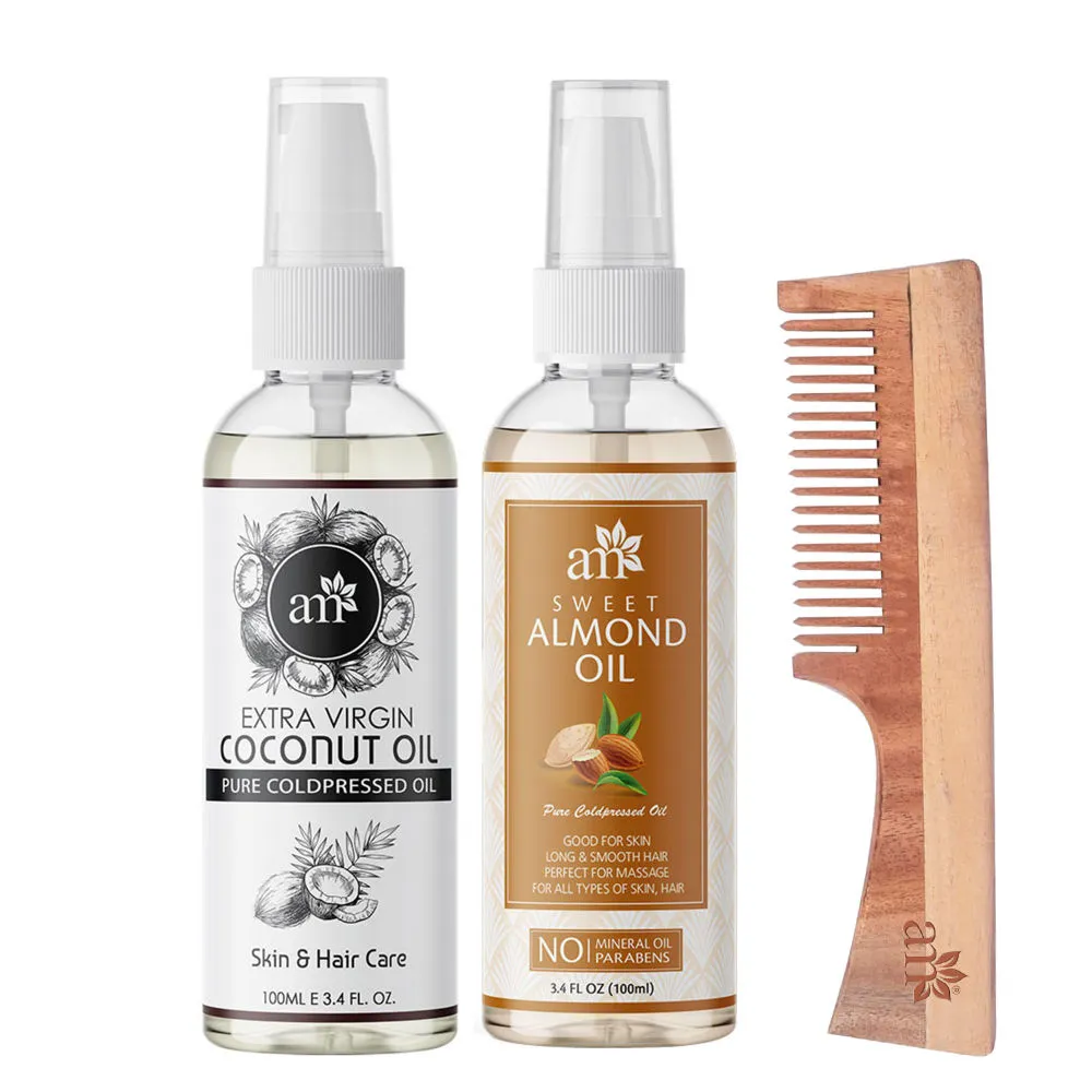 AromaMusk Organic 100% Pure Cold Pressed Coconut Sweet Almond Oil & Neem Wood Comb with Handle