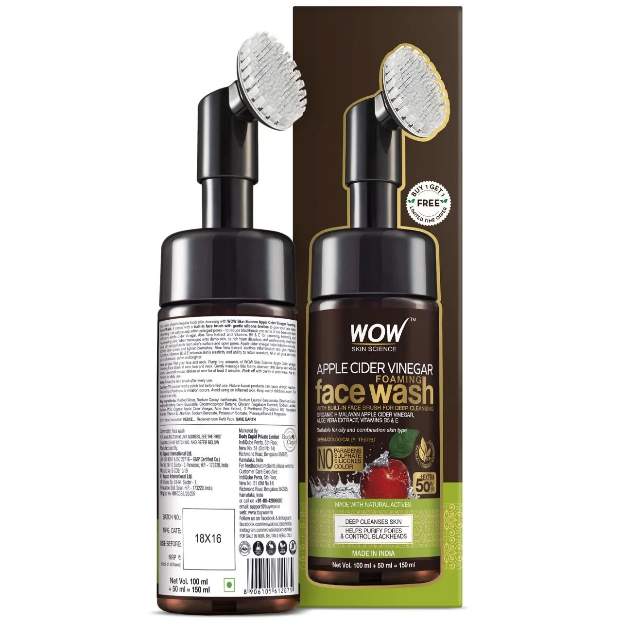 WOW Skin Science B1G1 Apple Cider Vinegar Foaming Face Wash with Built-In Brush