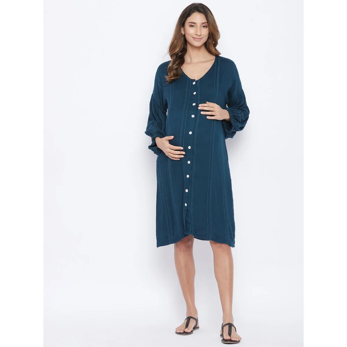 The Kaftan Company Solid/Plain Slub Cotton Maternity Dress - Navy Blue (3XL)