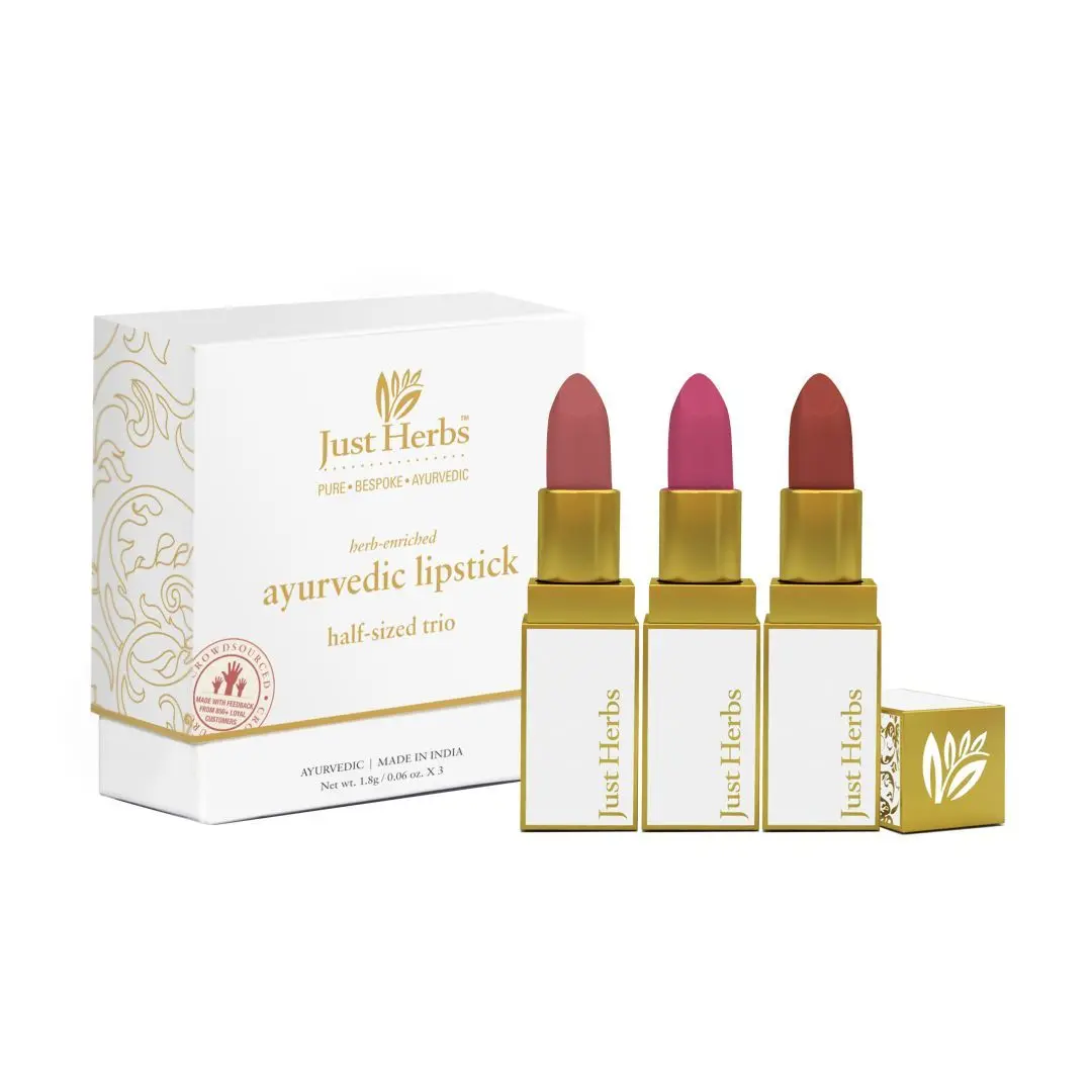 Just Herbs Ayurvedic Creamy Matte Half-Size Lipstick Kit - Peachy Coral , Subtle Tea Rose Pink & Caramel Medium Brown (Set of 3)