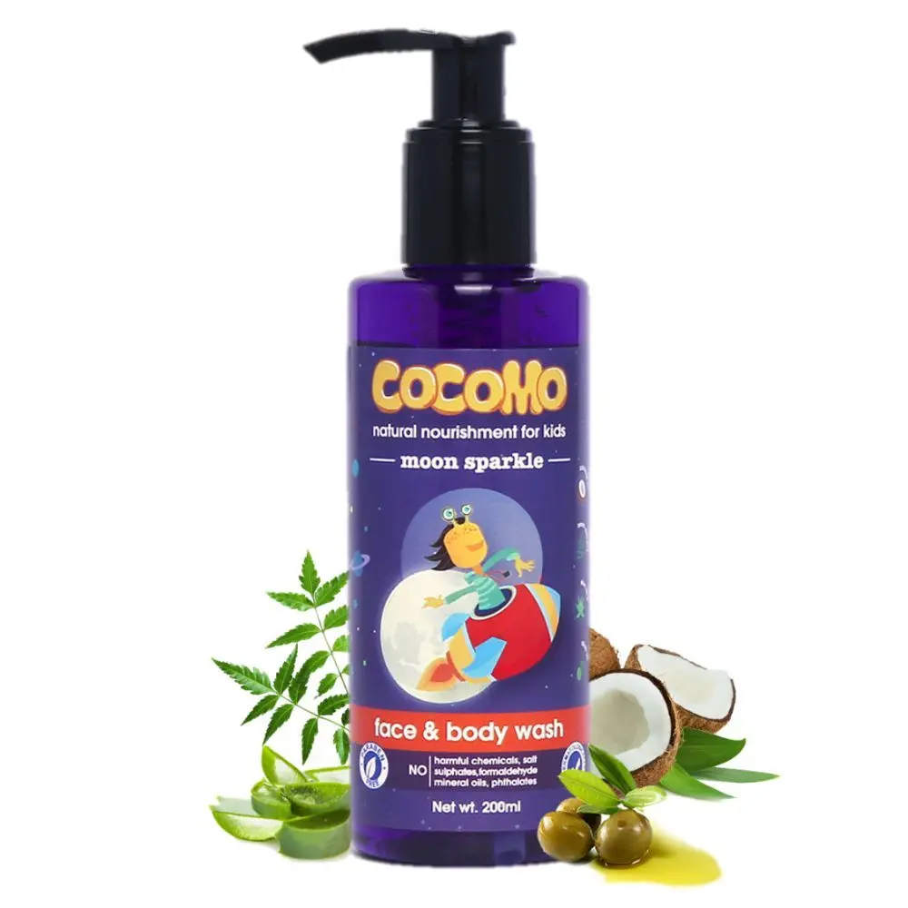 Cocomo Natural Aloe Vera & Coconut Oil Kids Face & Body Wash, Floral Fragrance, Moisture-Rich | Moon Sparkle 200ml (Age: 4+)