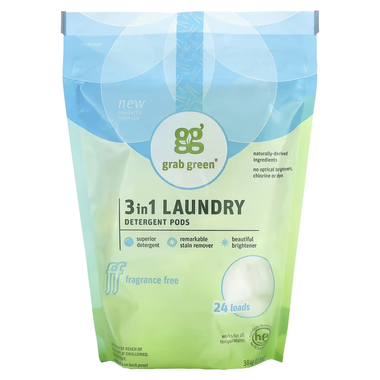 3-in-1 Laundry Detergent Pods, Fragrance Free, 24 Loads, 13.5 oz (384 g)