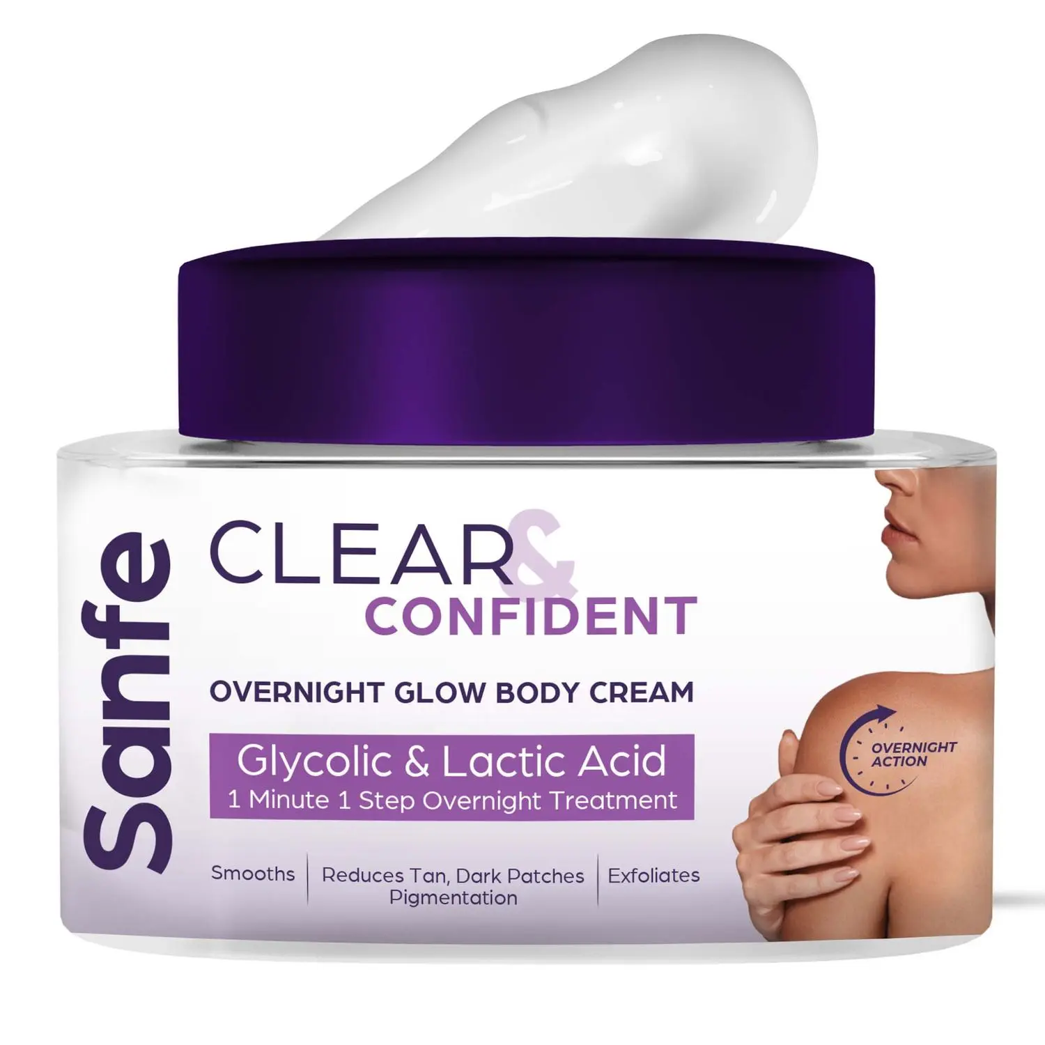 Sanfe Clear & Confident Overnight Glow Body Cream | Exfoliates | Reduces Dark Patches & Pigmentation | Removes Body Tan with Lactic & Glycolic Acid | Smooth Skin |100g