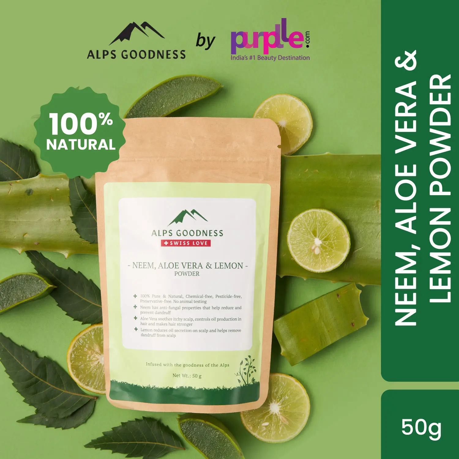 Alps Goodness Neem, Aloe Vera & Lemon Powder (50 gm) | 100% Natural Powder | No Preservatives, No Pesticides | Herbal Hair Mask for Dandruff