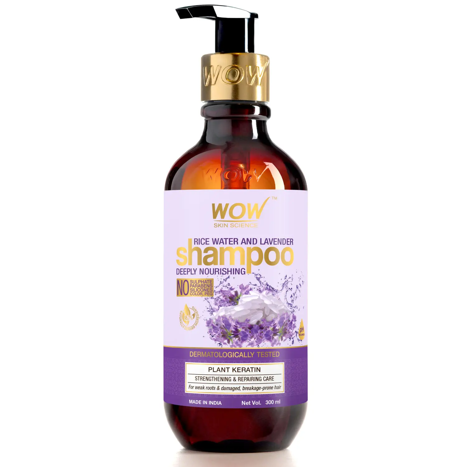 WOW Skin Science Rice Water Shampoo - weak roots & damage, breakage - prone hair - With Rice Water, Lavender - 300ml