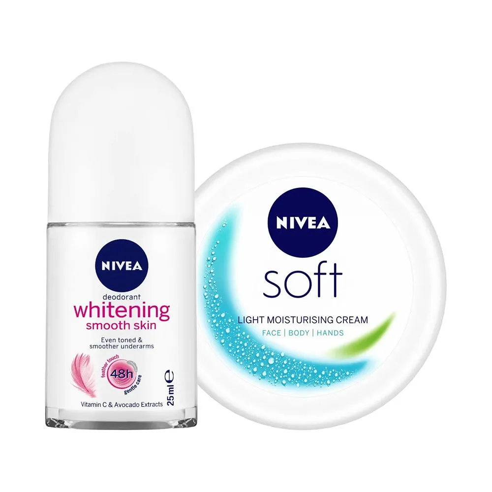 Nivea Soft Light Moisturizer And Whitening Smooth Deodorant Roll On Combo