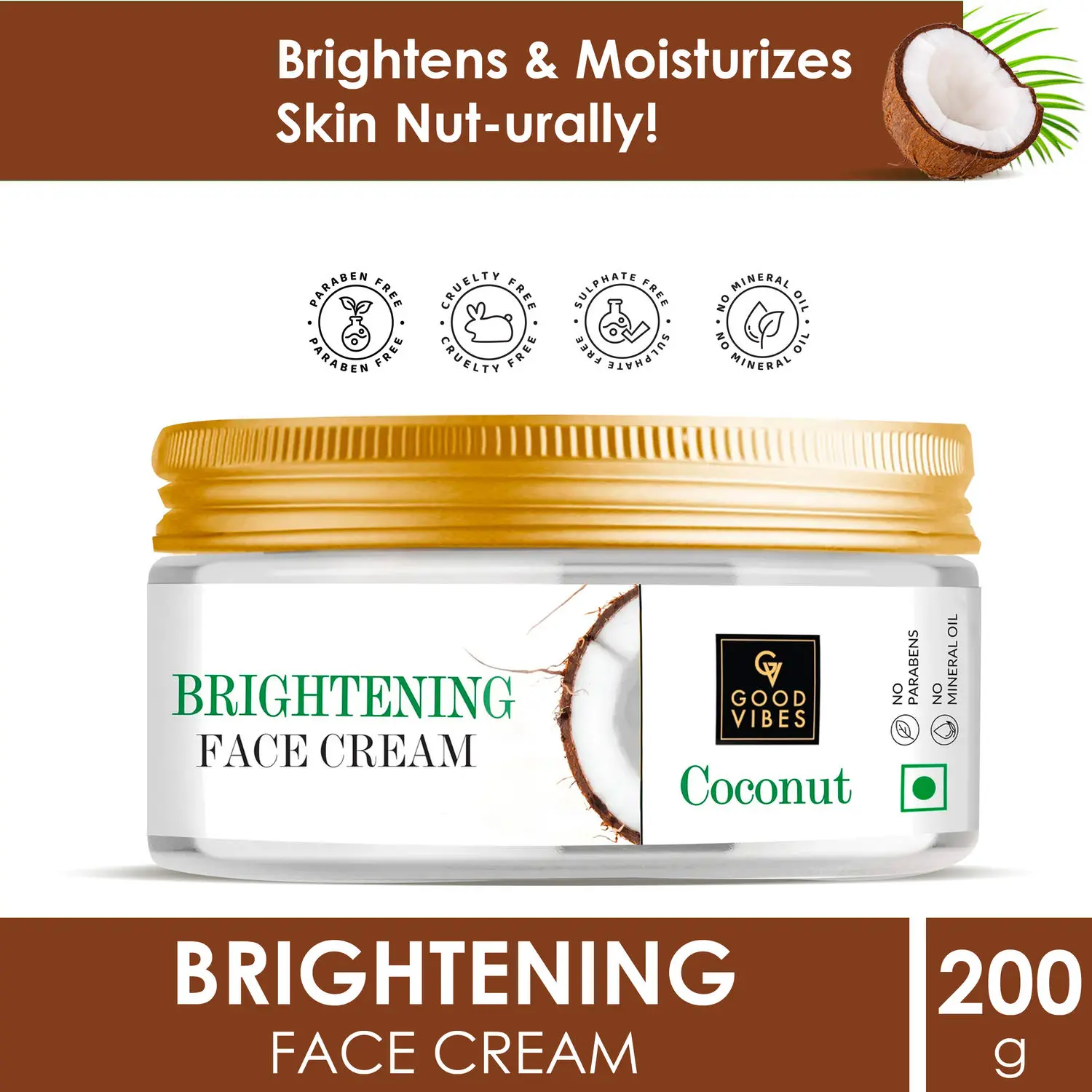 Good Vibes Coconut Brightening Face Cream | Moisturizing, Fights Skin Damage | No Parabens, No Sulphates, No Mineral Oil | No Animal Testing (200 g)