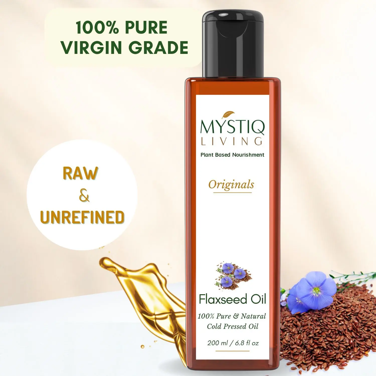 Mystiq Living Originals - Flax Seed Oil |Cold Pressed | For Hair, Skin & Body |100% Pure and Natural -200 ml