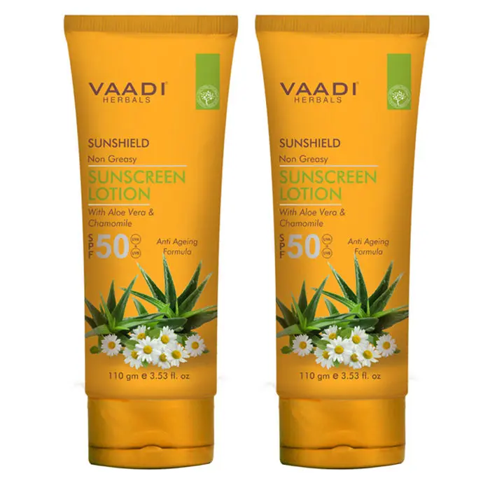 Vaadi Herbal Value Pack of 2 Sunscreen Lotion SPF-50 with Aloe Vera & Chamomile (110 ml x 2)