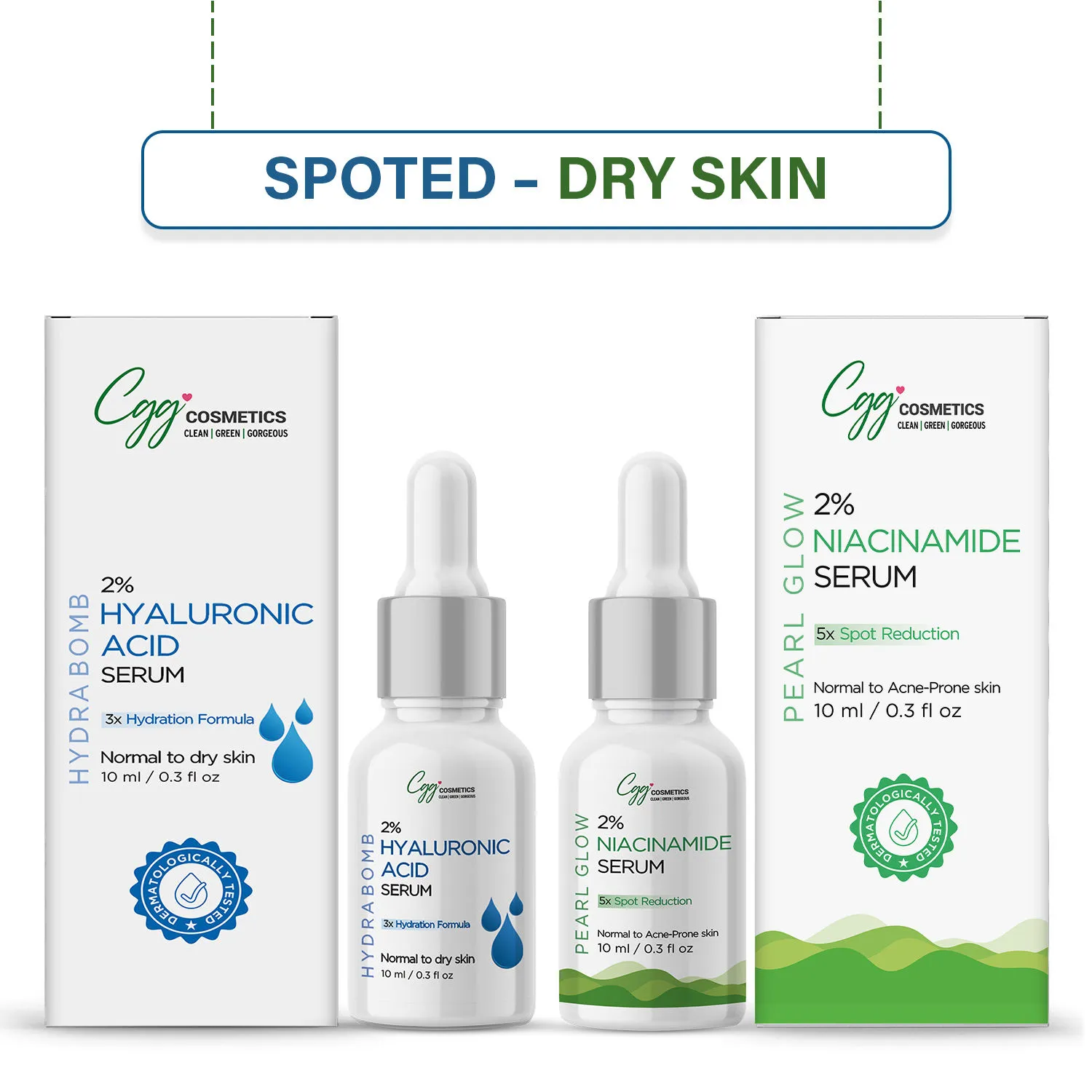 CGG Cosmetics AM/PM Dehydrated-Acne Combo - 2% Hyaluronic Acid & 2% Niacinamide Face Serum