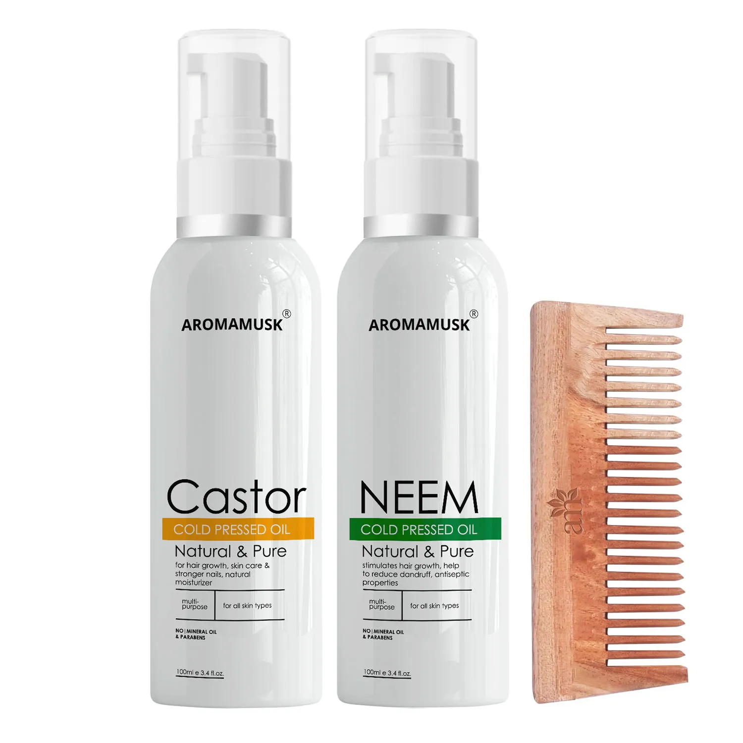 AromaMusk Organic 100% Pure Cold Pressed Castor & Neem Oil with Wide Tooth Neem Wood Comb