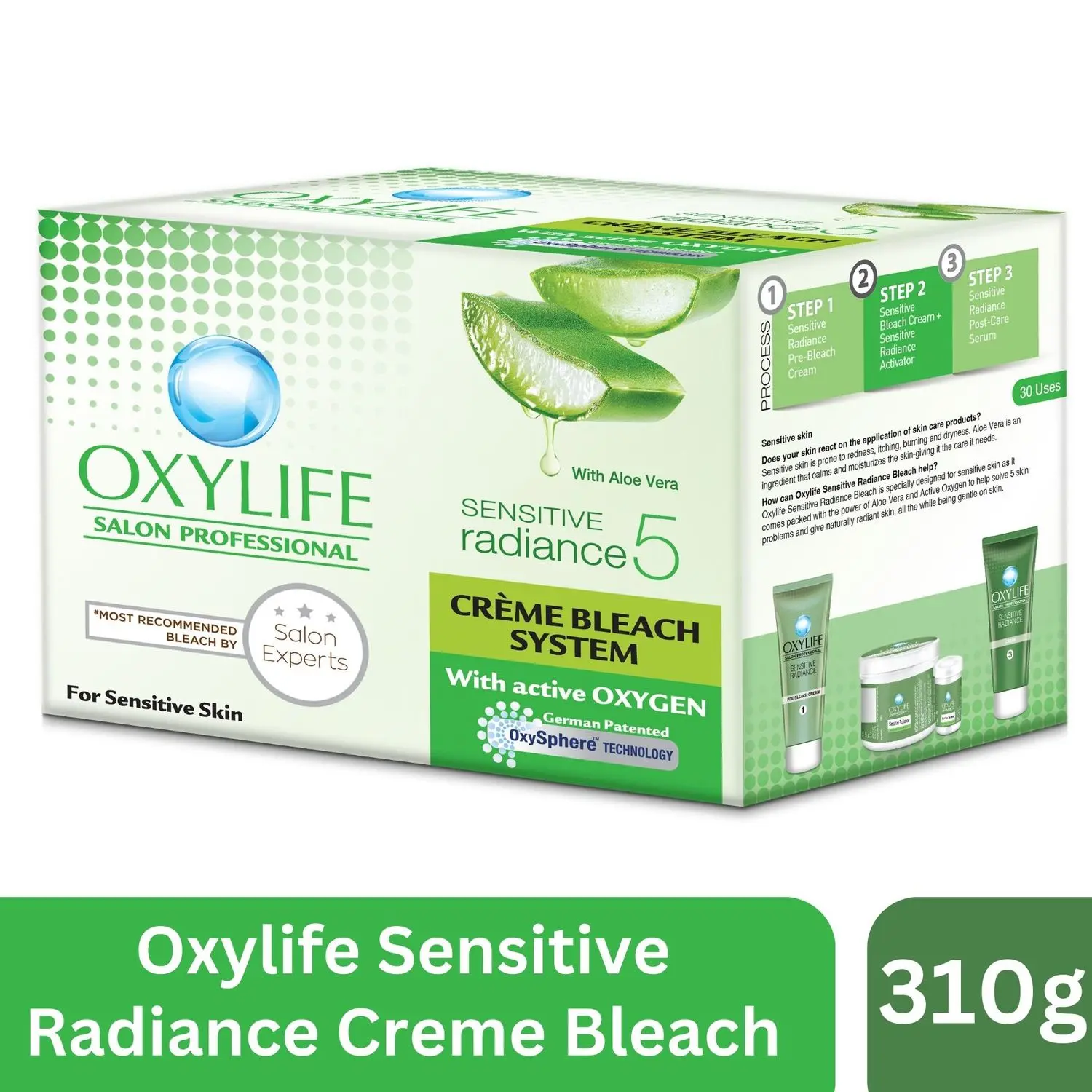 Oxylife Salon Professional Sensitive Radiance 5 Creme Bleach System - 310g | With Oxysphere Technology | Enriched with Active Oxygen & Aloevera | Complete Solution to 5 Skin Problems | For Sensitive Skin