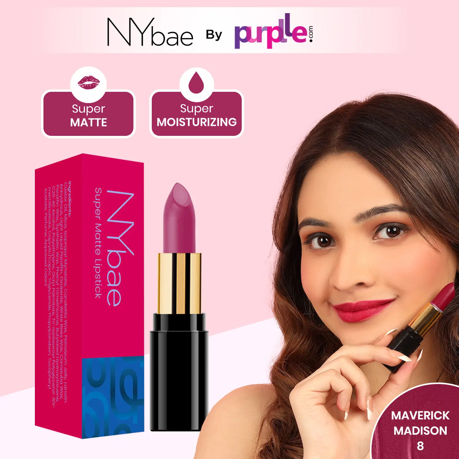 NY Bae Super Matte Lipstick - Maverick Madison 8 (4.2 g) | Purple | Matte Finish | Enriched with Vitamin E | Rich Colour Payoff | Nourishing | Long lasting | Smudgeproof | Vegan | Cruelty & Paraben Free