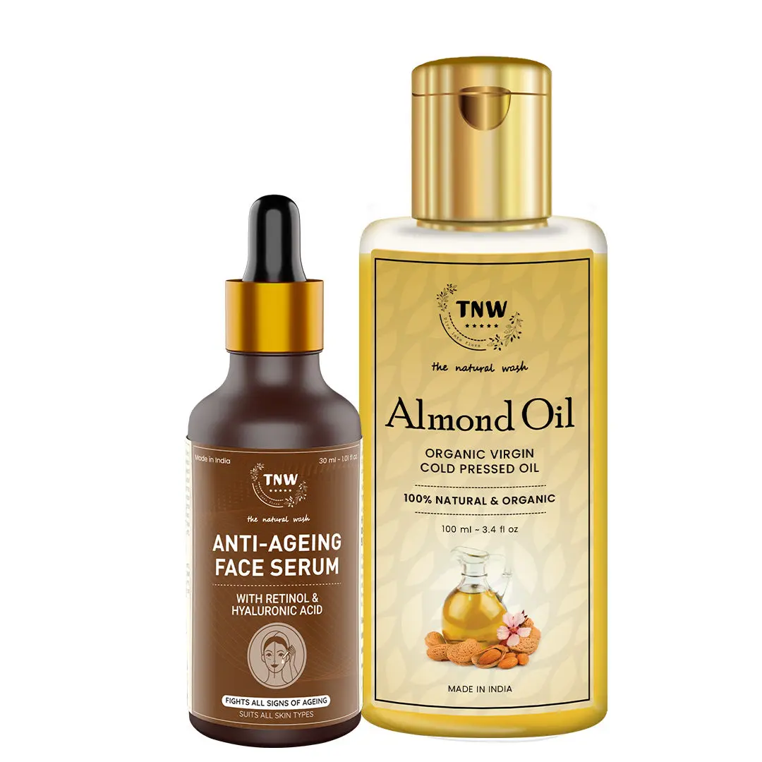 TNW-The Natural Wash Combo of Anti Ageing Serum & Pure Almond Oil | Retinol Serum With Hyaluronic Acid For Spotless Glowing Skin 30 ML | Oil Rich In Vitamin E For Face ,Skin And Hairs 100 ML