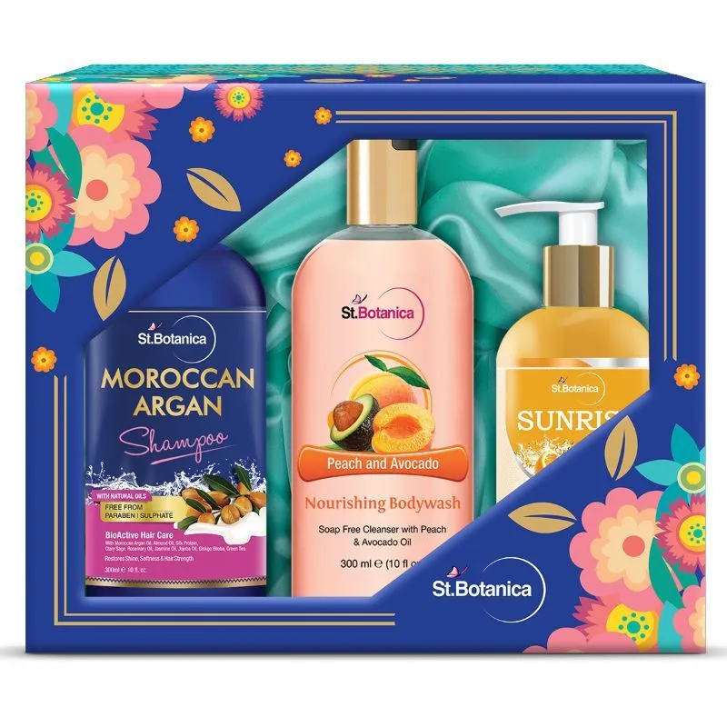 St.Botanica Body Kit: Moroccan Argan Shampoo + Peach & Avocado Shower Gel + Sunrise Cleanser