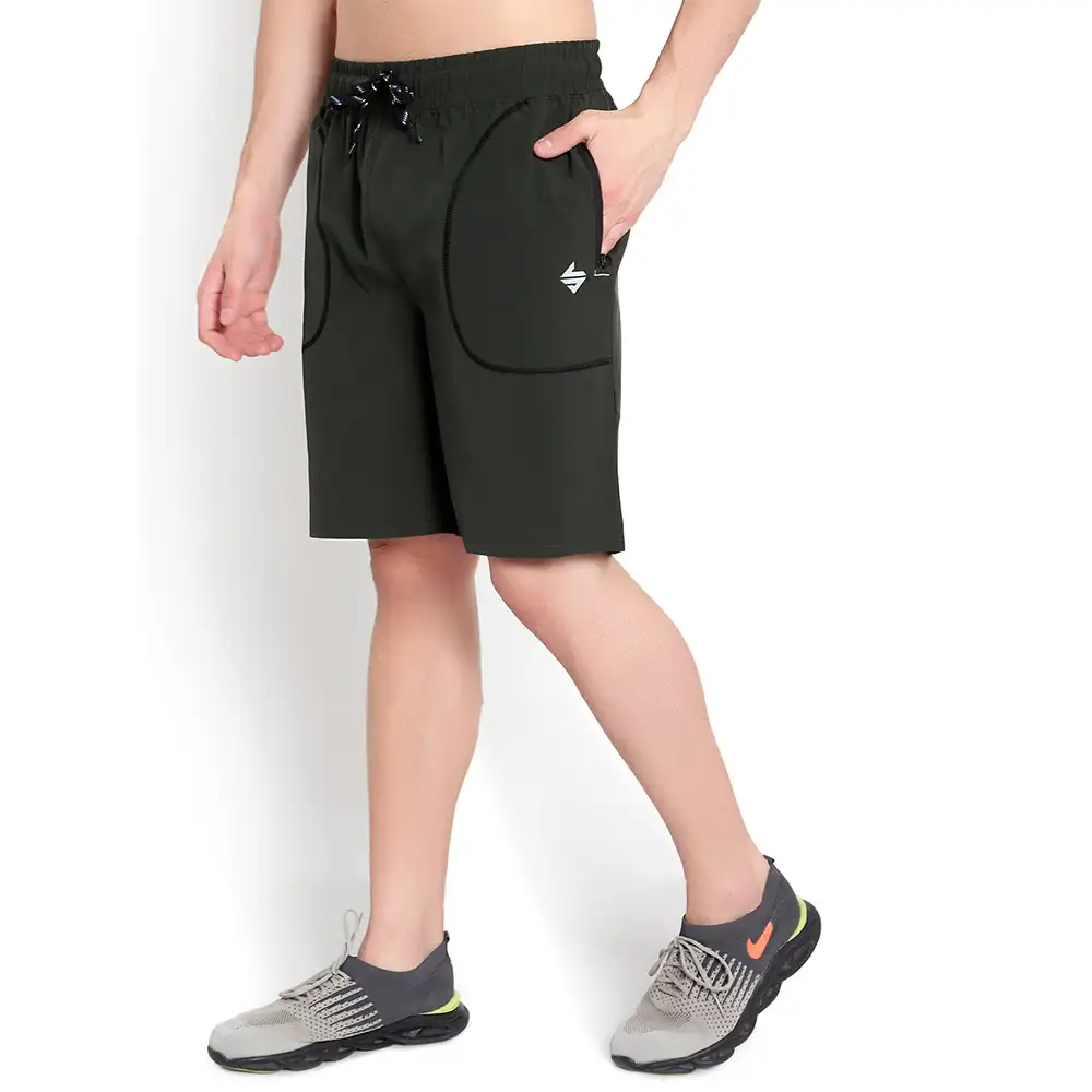 John Ally Dry-Fit Gym Workout Shorts with Zipper Pockets & Color Block Detailing,  2XL  Dark Olive Green