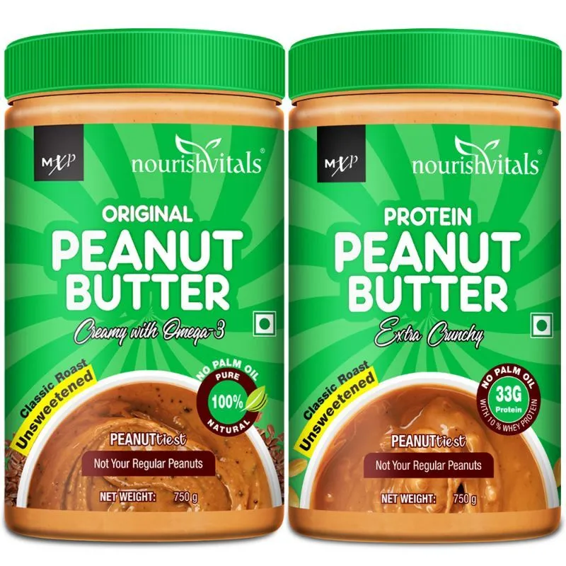 NourishVitals Original Peanut Butter (Creamy) + High Protein Peanut Butter (Extra Crunchy)