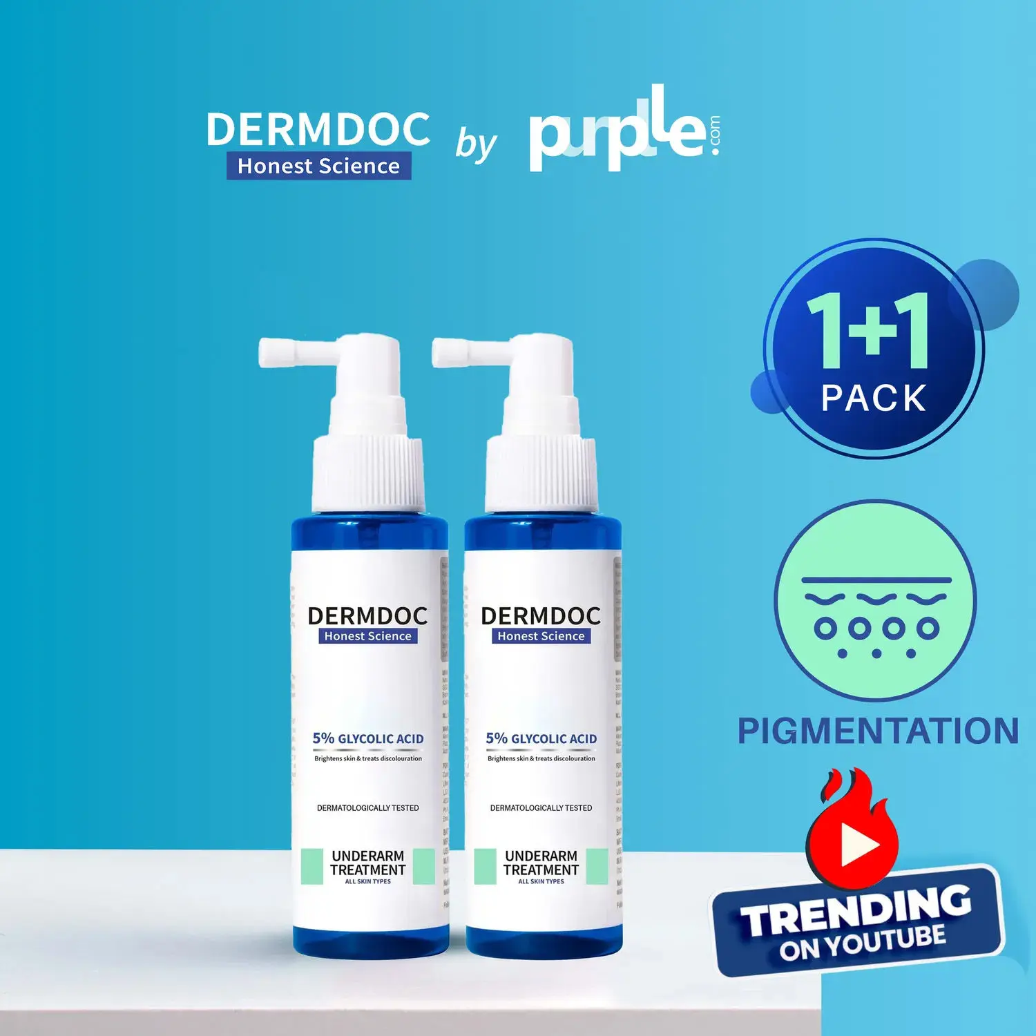 DERMDOC by Purplle Combo Kit of 5% Glycolic Acid Under Arm Treatment (100ml) Pack of 2 | whitening underarms, darkened underarms, underarm lightening treatment, dark underarm spray, glycolic acid for skin lightening | hyperpigmentation under arms