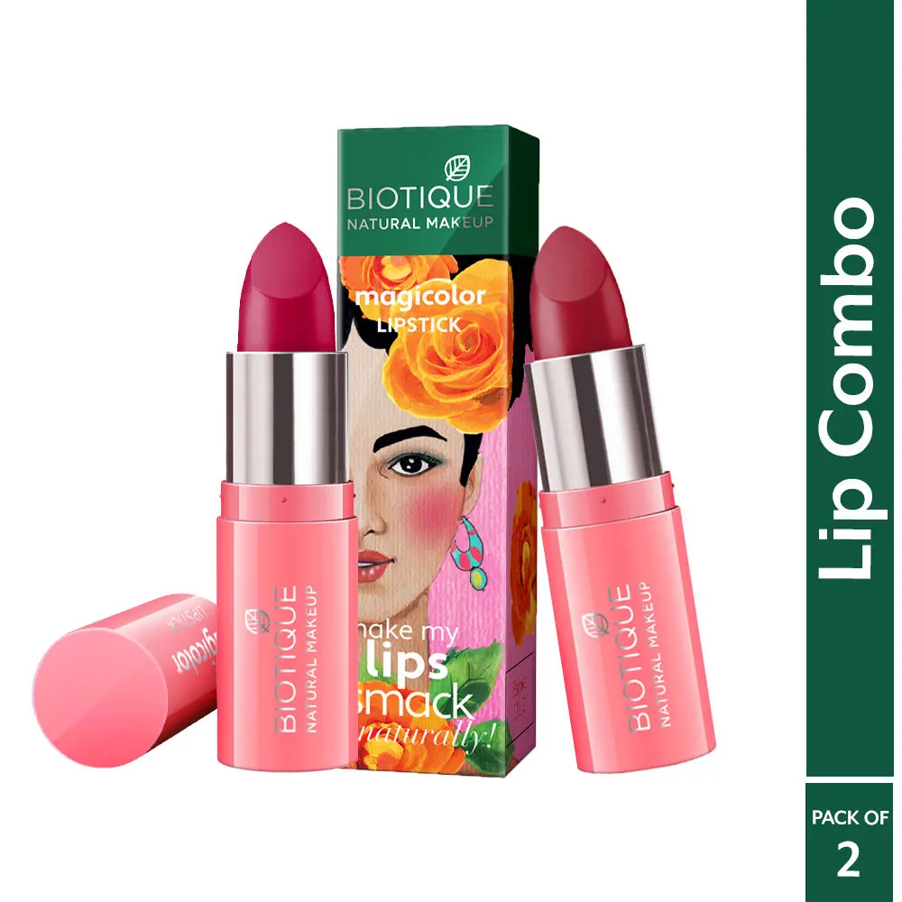 Biotique Natural Makeup Magicolor Lipsticks Set of 2 Bombshell + Fire Me Up: Creamy Day & Night Nudes