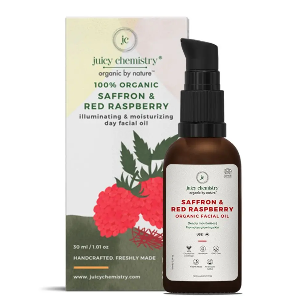 Juicy Chemistry Organic Fatty Acids and Vitamins Rich Face Oil | 100% Natural, Pure and Certified Saffron & Red Raspberry Facial Oil | Moisturises, Glowing Skin, Improves Skin Tone & Texture | Vegan, Cruelty Free, For Men & Women, 10 ml