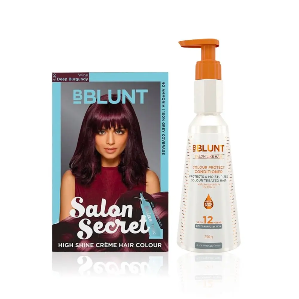 BBLUNT Salon Secret High Shine Creme Hair Colour Deep Burgundy 4.20 (100 g) With Shine Tonic (8 ml)+BBLUNT Colour Protect Conditioner- 250 g