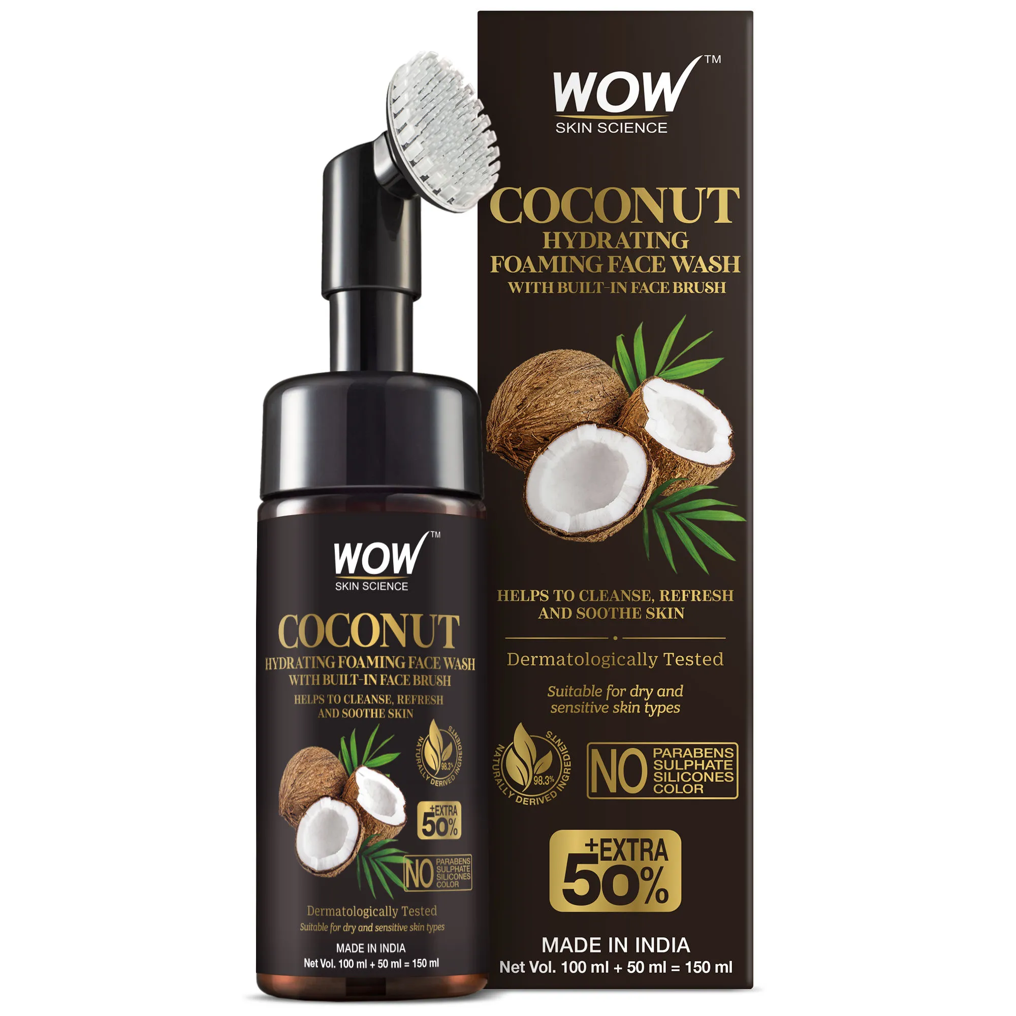 WOW Skin Science Coconut Hydrating Foaming Face Wash with Built-In Face Brush WITH 50% EXTRA