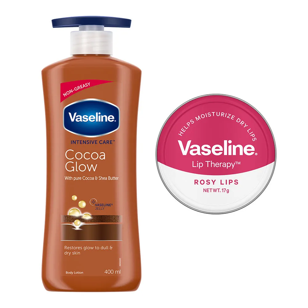 Vaseline Cocoa Glow Lotion With Rosy Lip Tin For Glowing Skin & Sheer Pink Tint