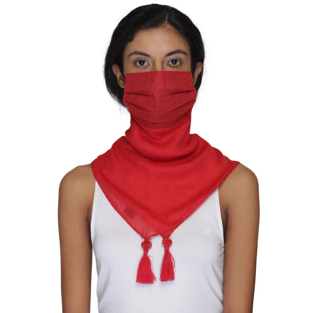 Anekaant 3-Ply Reusable Red Solid Cotton Tesselled Scarf Style Fashion Mask