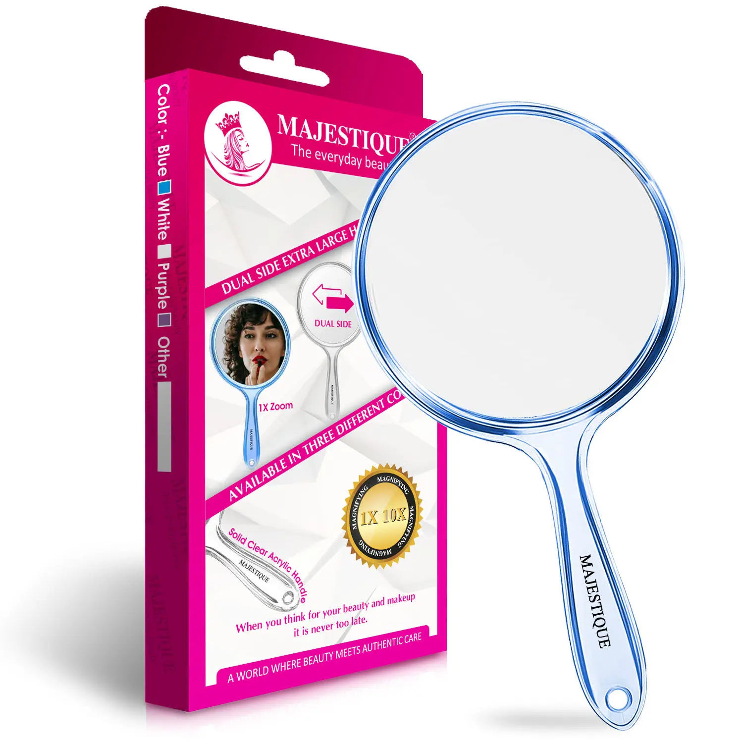 Majestique Dual Side Extra Large Handheld Mirror, 1X/10X Magnifying Mirror Perfect for Shaving, Makeup - Multicolor