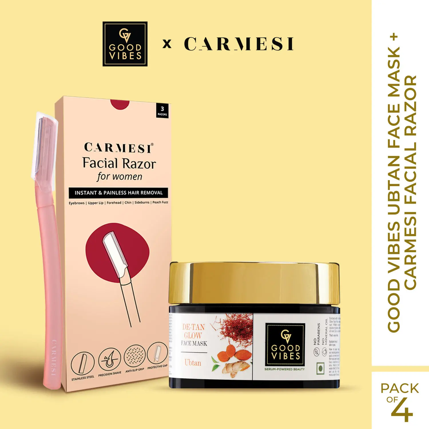 Weekly Grooming De-Tan Glow Face Mask + Carmesi Facial Razor for Women Combo