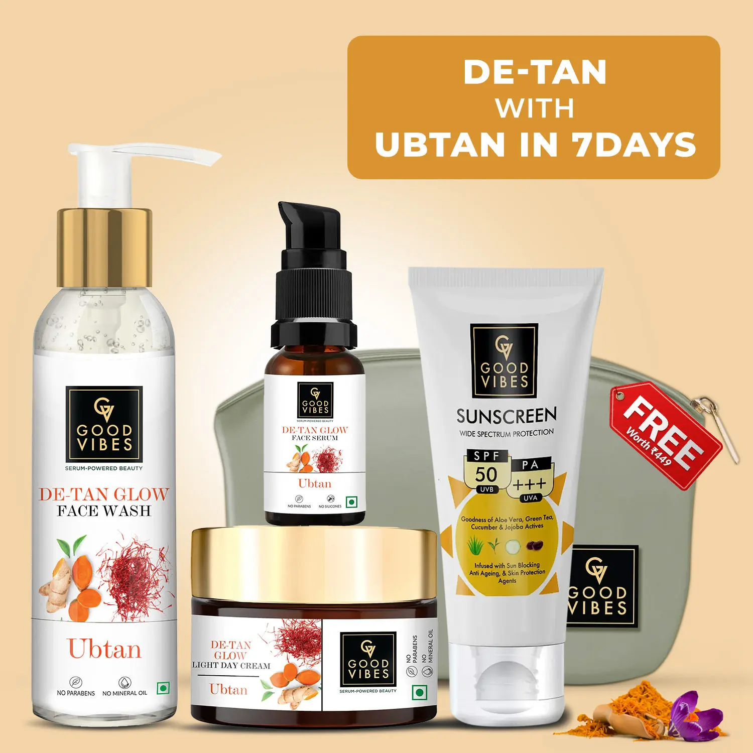 Good Vibes De- tan Ubtan CSMS Glow Combo (Set f 4) (Facewash + Serum + Moisturizer + Sunscreen)