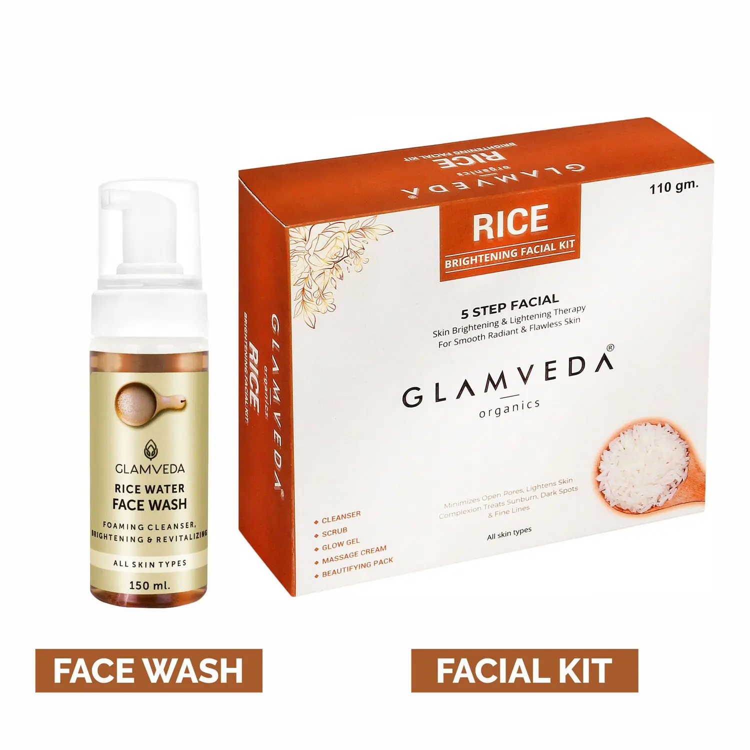 Glamveda Rice Water Facial Kit & Face Wash Combo (260 g)