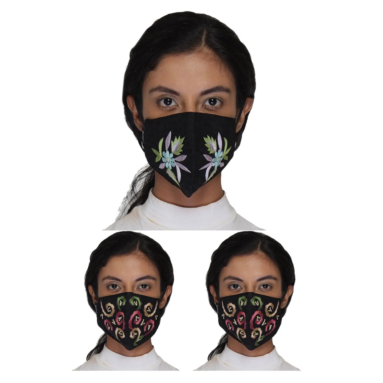 Anekaant Reusable 3-Ply Black & Multi Poly Cotton Embroidered Fabric Fashion Mask (Pack Of 3)